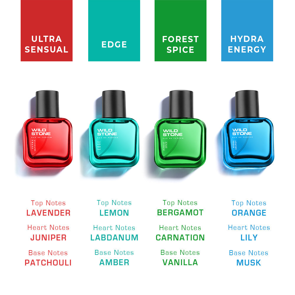 Wild Stone Edge, Forest Spice, Hydra Energy and Ultra Sensual Perfume Combo for Men, Long Lasting Smell | Pack of 4 (30ml each)