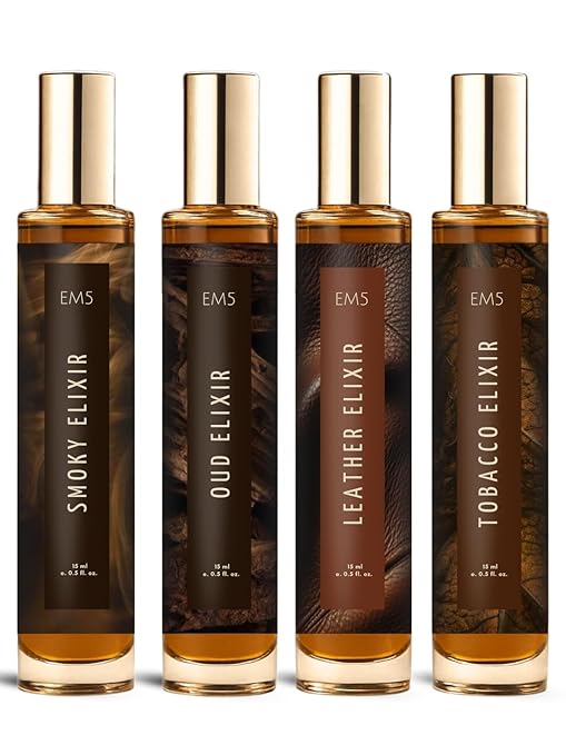 EM5 Set of 4 Long-Lasting Perfumes for Men | Smoky, Oud, Leather & Tobacco Elixir | Premium Strong Manly Fragrances | Raw & Dominating Scents | Travel-Friendly Gift Set for Him | 15ml X 4 Pcs