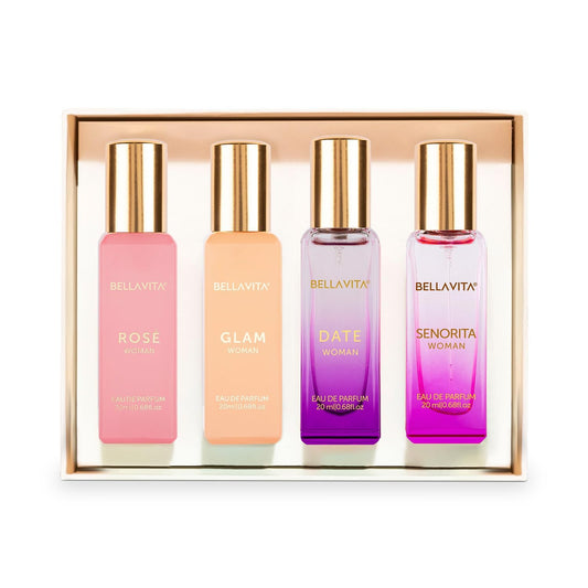 Bella Vita Luxury Perfume Set for Women | Perfume for Woman | Gifts for Woman | Long Lasting EDP 4x20ml | Floral & Fruity Fragrance | Date, Senorita, Glam, Rose