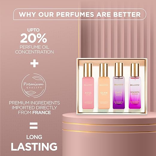 Bella Vita Luxury Perfume Set for Women | Perfume for Woman | Gifts for Woman | Long Lasting EDP 4x20ml | Floral & Fruity Fragrance | Date, Senorita, Glam, Rose