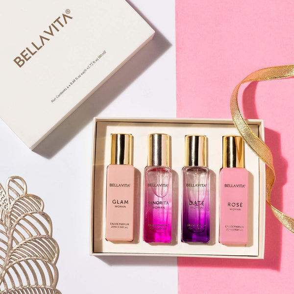 Bella Vita Luxury Perfume Set for Women | Perfume for Woman | Gifts for Woman | Long Lasting EDP 4x20ml | Floral & Fruity Fragrance | Date, Senorita, Glam, Rose