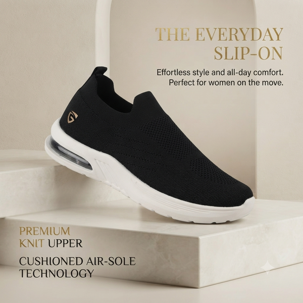 Women's Black Slip-On Comfort Walking Shoes