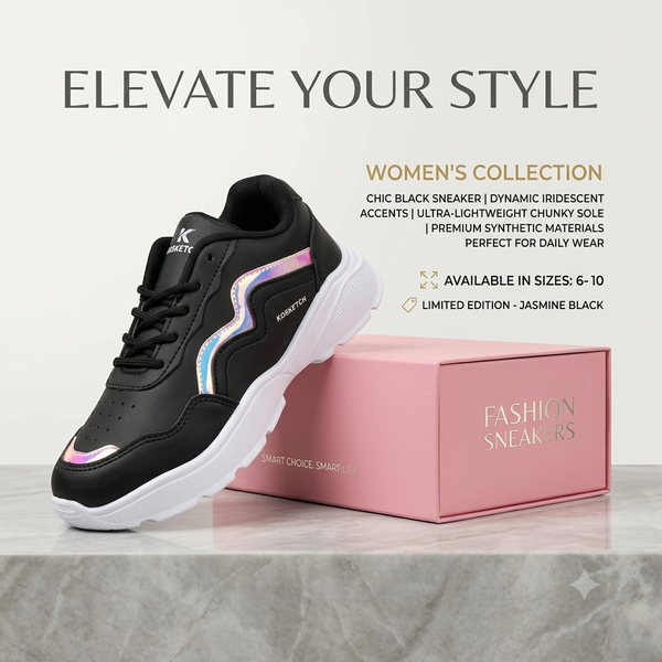 Trendy Women’s Casual Lace-Up Sneakers - Black & Holographic Accent