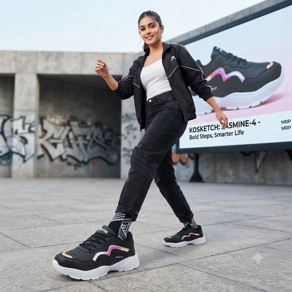 Trendy Women’s Casual Lace-Up Sneakers - Black & Holographic Accent