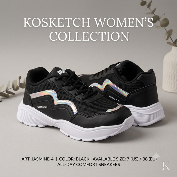 Trendy Women’s Casual Lace-Up Sneakers - Black & Holographic Accent