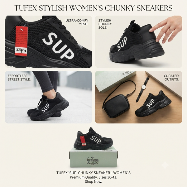 Trendy Black Chunky Fashion Sneakers for Women | Lightweight Everyday Casual Footwear