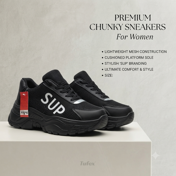 Trendy Black Chunky Fashion Sneakers for Women | Lightweight Everyday Casual Footwear