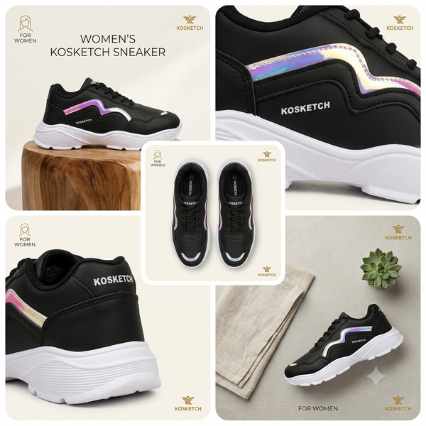 Trendy Women’s Casual Lace-Up Sneakers - Black & Holographic Accent