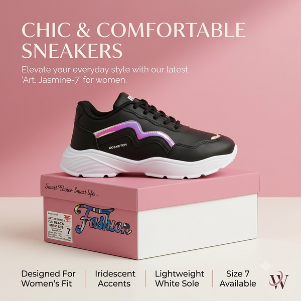 Trendy Women’s Casual Lace-Up Sneakers - Black & Holographic Accent
