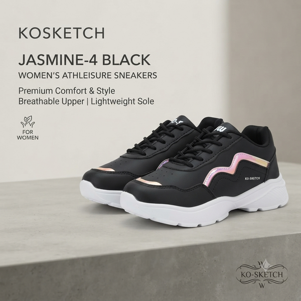 Trendy Women’s Casual Lace-Up Sneakers - Black & Holographic Accent