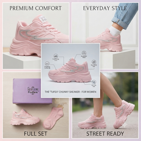 Women’s Chunky Platform Sneaker – Trendy Casual Walking Shoes in Pastel Pink