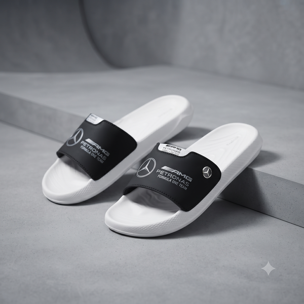 Mercedes-AMG Petronas F1 Casual Comfort Slippers / Slides (White/Black)