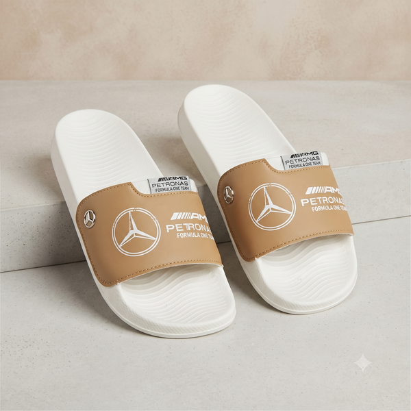 Premium White & Tan Motorsport Slide Sandals with AMG Petronas Branding