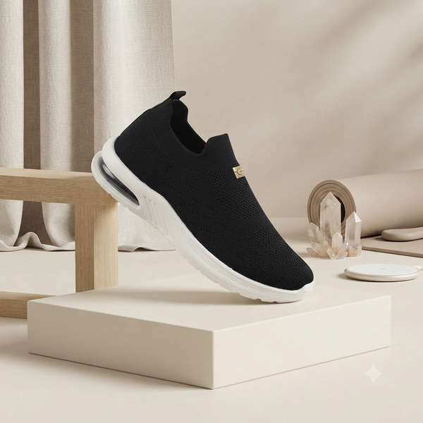Women's Black Slip-On Comfort Walking Shoes