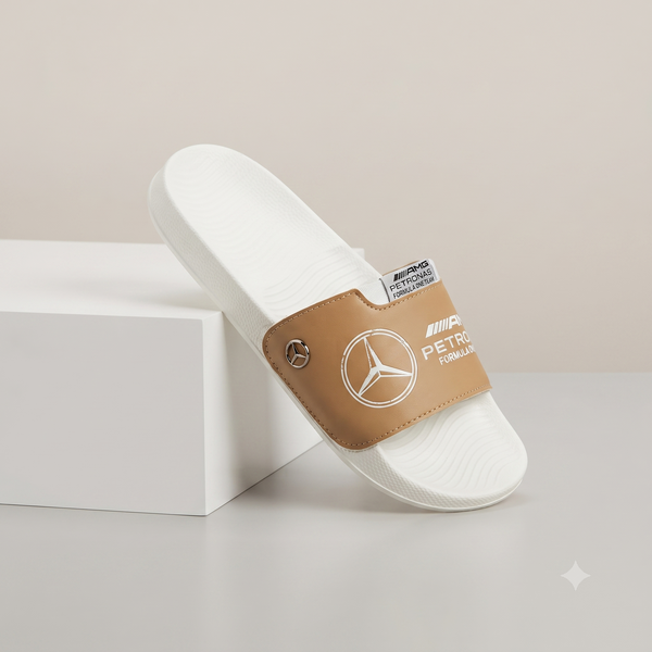 Premium White & Tan Motorsport Slide Sandals with AMG Petronas Branding