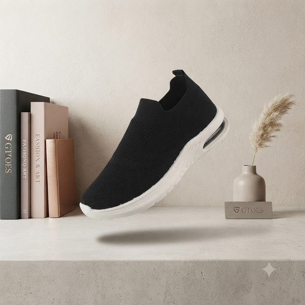 Women's Black Slip-On Comfort Walking Shoes