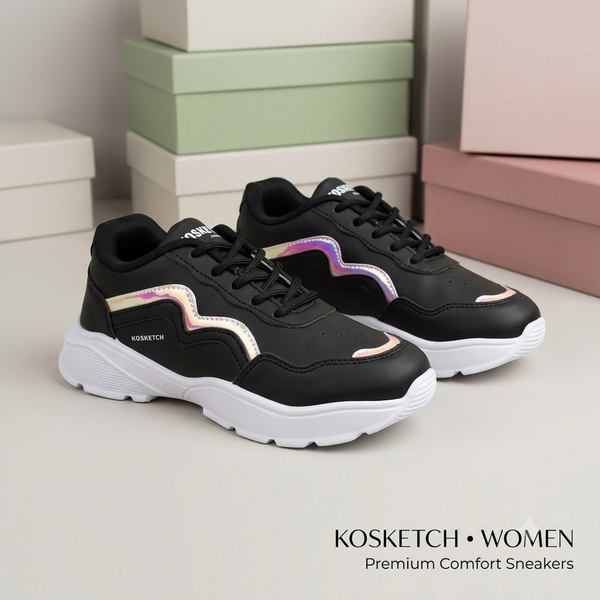 Trendy Women’s Casual Lace-Up Sneakers - Black & Holographic Accent