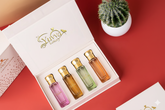 Yuvva Luxury Long Lasting Unisex Perfume Gift Set | 4x20ml Perfume for Man & Woman | Woody, Aquatic, Sweet, Premium Fragrance Scent | AQUA LOVE, YUVA SHANAYA, ROYAL KING, KING OF LONDON