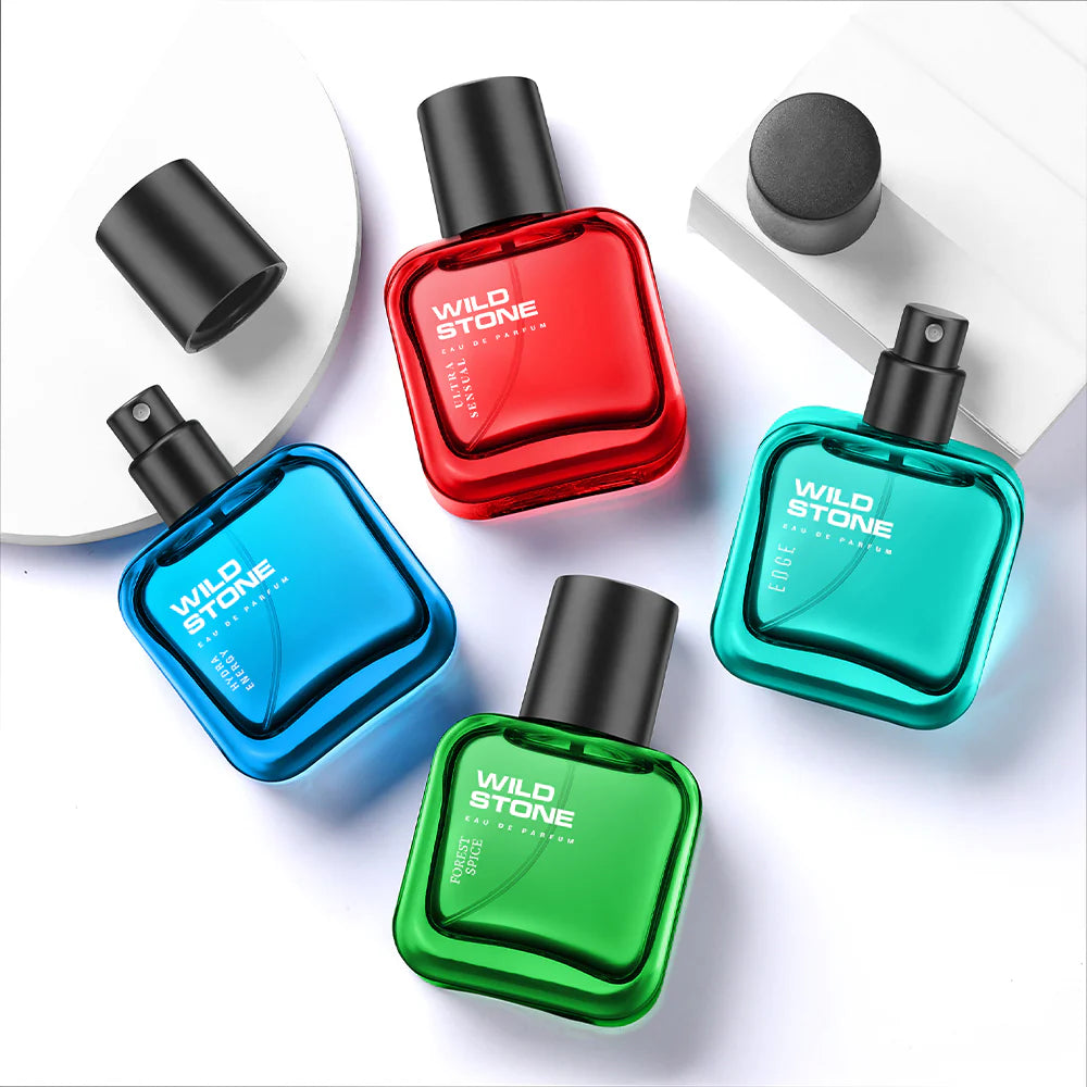 Wild Stone Edge, Forest Spice, Hydra Energy and Ultra Sensual Perfume Combo for Men, Long Lasting Smell | Pack of 4 (30ml each)