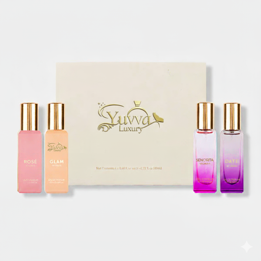 Yuvva Luxury Long Lasting Unisex Perfume Gift Set | 4x20ml Perfume for Man & Woman | Woody, Aquatic, Sweet, Premium Fragrance Scent | AQUA LOVE, YUVA SHANAYA, ROYAL KING, KING OF LONDON 12 HOURS LONG LASTING
