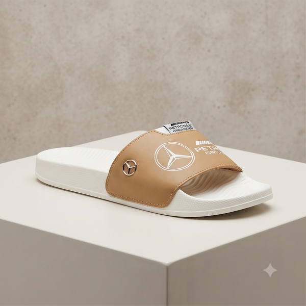 Premium White & Tan Motorsport Slide Sandals with AMG Petronas Branding