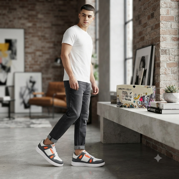 Modern Comfort:Memory Foam Casual Shoes – Grey/White/Orange