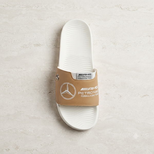 Premium White & Tan Motorsport Slide Sandals with AMG Petronas Branding