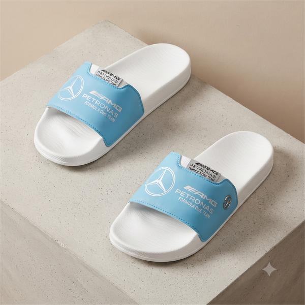 Premium F1 Motorsport Edition Comfort Sliders – White/Cyan