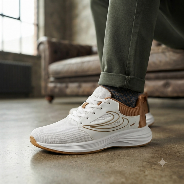 Premium White & Tan Casual Sports Sneakers
