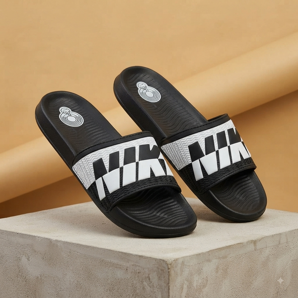Men’s Black & White Bold Graphic Comfort Sliders – Stylish Casual Slip-On Sandals