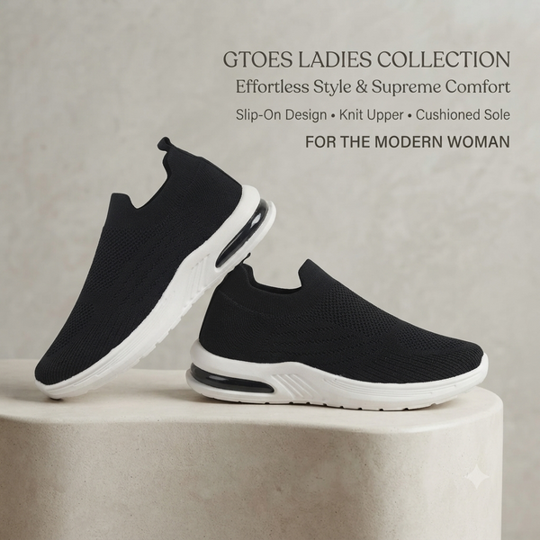 Women's Black Slip-On Comfort Walking Shoes