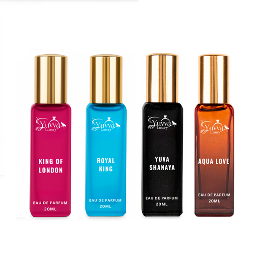 Yuvva Luxury Long Lasting Unisex Perfume Gift Set | 4x20ml Perfume for Man & Woman | Woody, Aquatic, Sweet, Premium Fragrance Scent | ROYAL KING, KING OF LONDON | Gifts for Men and Women