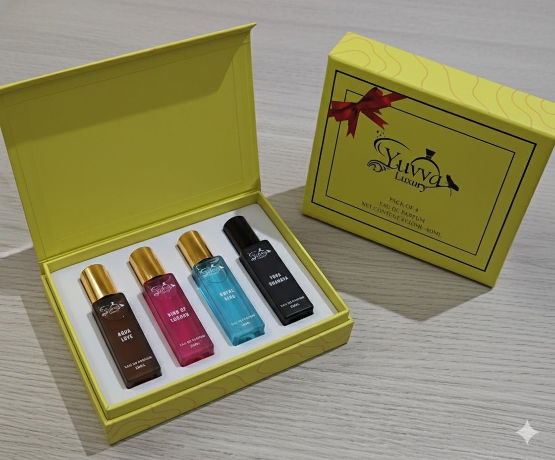 Yuvva Luxury Long Lasting Unisex Perfume Gift Set | 4x20ml Perfume for Man & Woman | Woody, Aquatic, Sweet, Premium Fragrance Scent | ROYAL KING, KING OF LONDON | Gifts for Men and Women 24 HOURS LONG LASTING