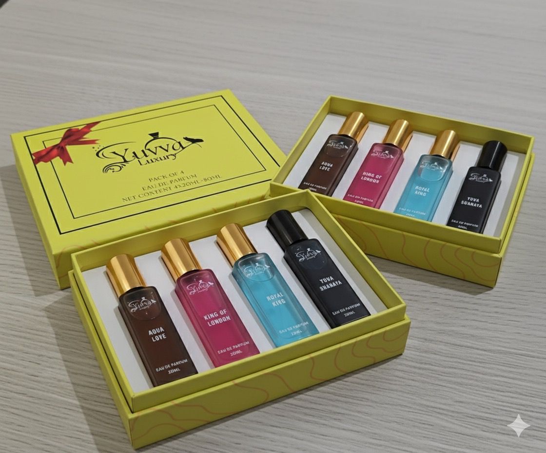 Yuvva Luxury Long Lasting Unisex Perfume Gift Set | 4x20ml Perfume for Man & Woman | Woody, Aquatic, Sweet, Premium Fragrance Scent | ROYAL KING, KING OF LONDON | Gifts for Men and Women 24 HOURS LONG LASTING