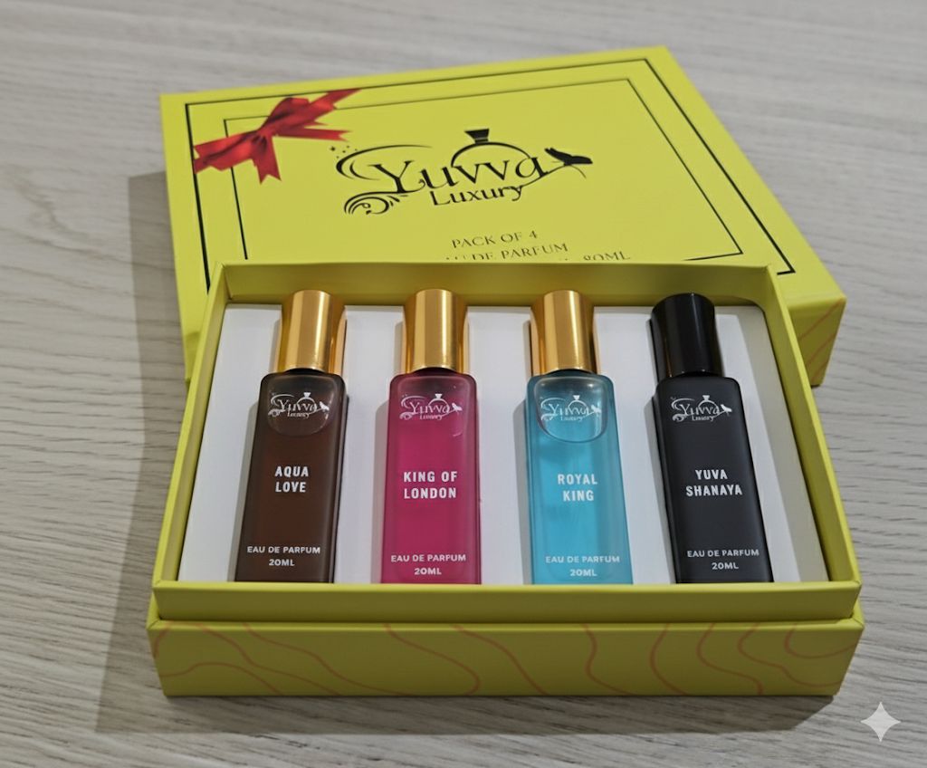 Yuvva Luxury Long Lasting Unisex Perfume Gift Set | 4x20ml Perfume for Man & Woman | Woody, Aquatic, Sweet, Premium Fragrance Scent | ROYAL KING, KING OF LONDON | Gifts for Men and Women 24 HOURS LONG LASTING