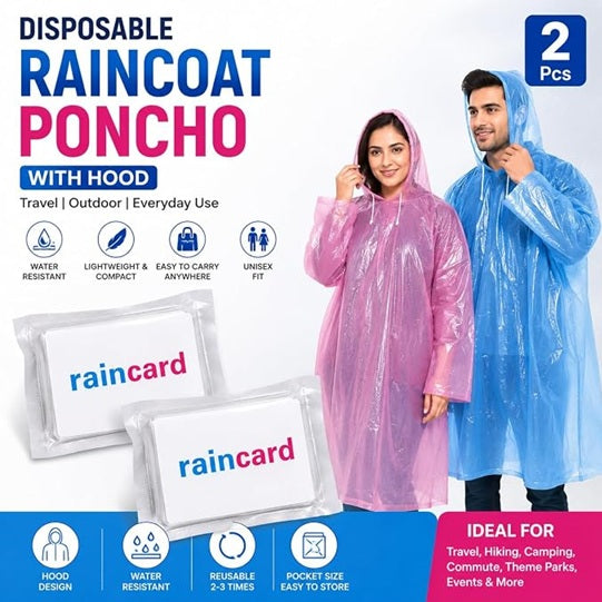 Disposable Rain Card Poncho pack | Pocket Size Waterproof Emergency Raincoat for Men & Women | Lightweight Travel Rainwear | Reusable 2-3 Times