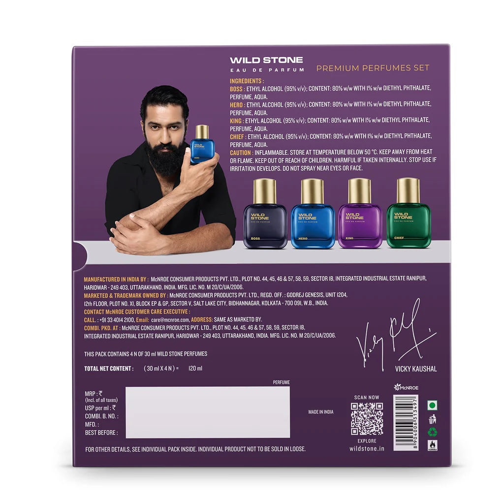 Wild Stone Chief, Hero, Boss and King Perfume Combo for Men, Long Lasting Smell | Pack of 4 (30ml each)