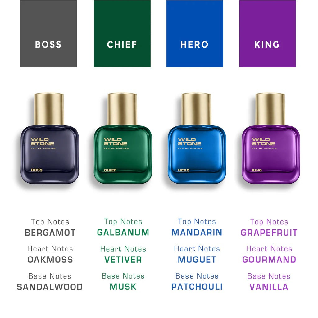 Wild Stone Chief, Hero, Boss and King Perfume Combo for Men, Long Lasting Smell | Pack of 4 (30ml each)